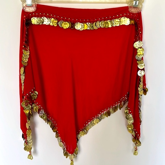 Belly Dancer Coin Belt Scarf Red And Gold - Picture 3 of 5